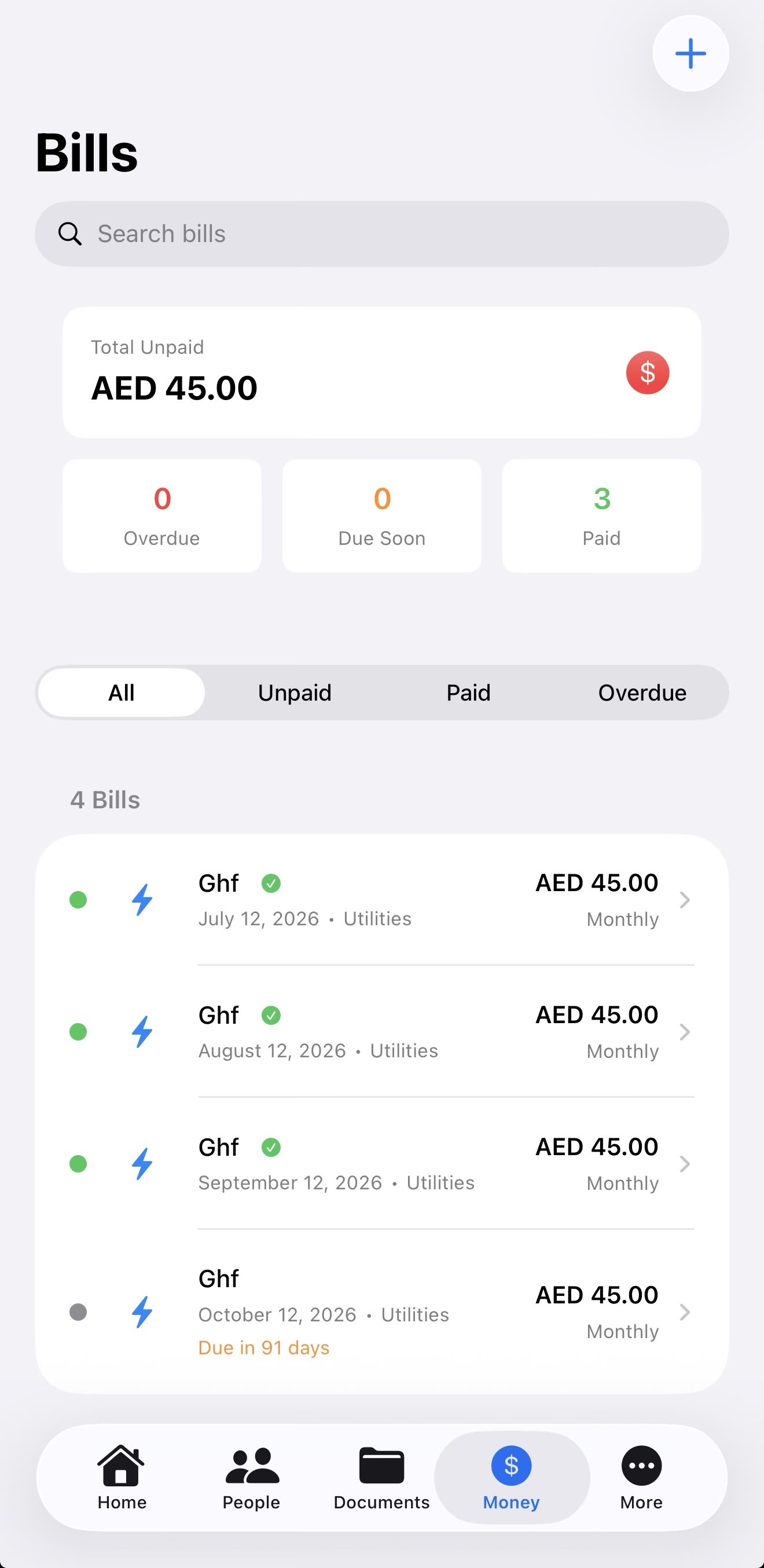 Placi Bills screen with unpaid total and recurring utility bills
