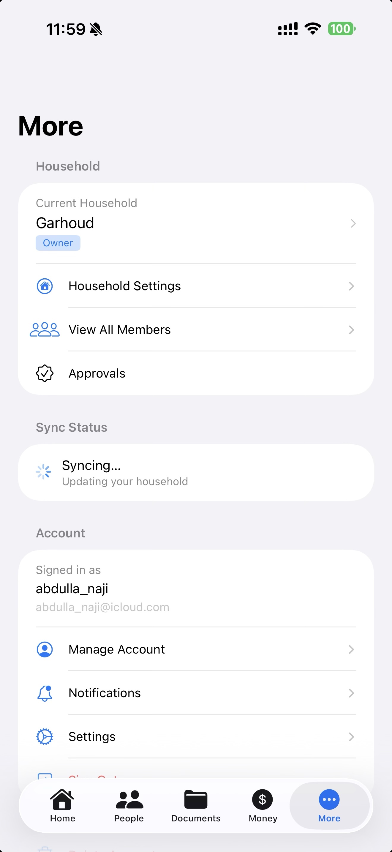 Placi household settings showing members, approvals and sync status