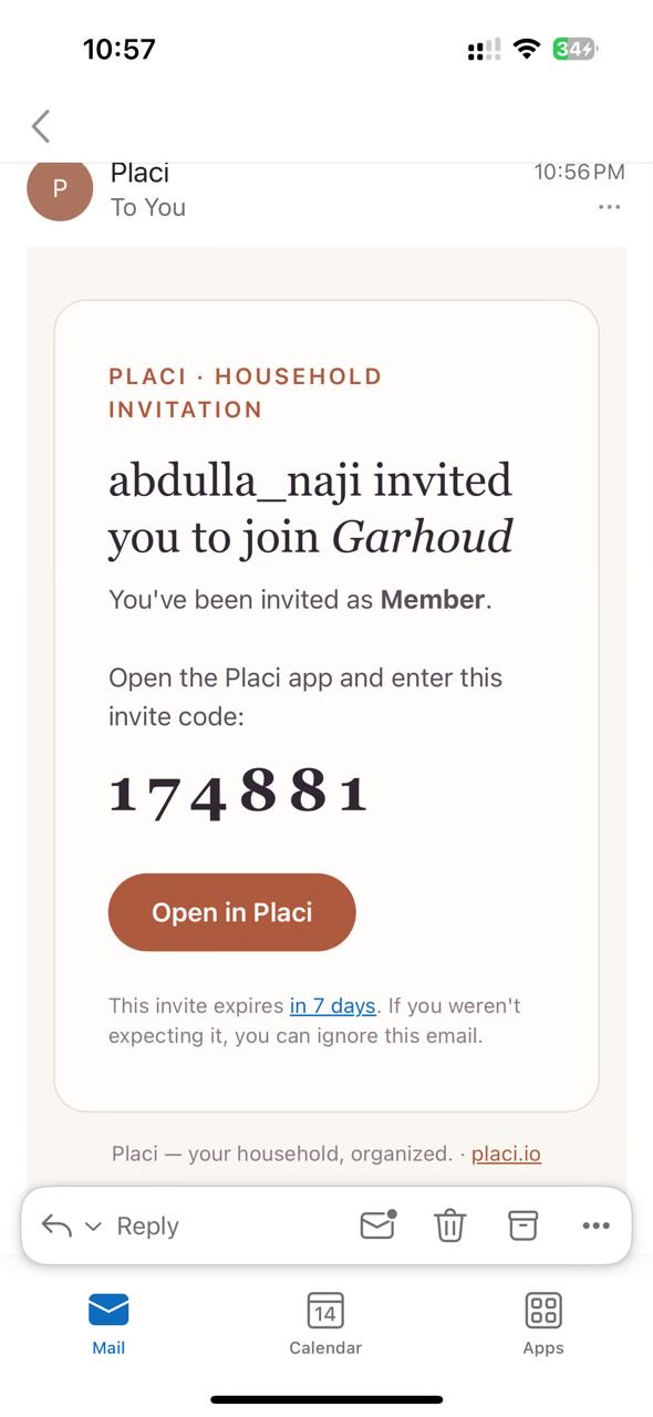 A real Placi invitation email with a six-digit invite code and Open in Placi button